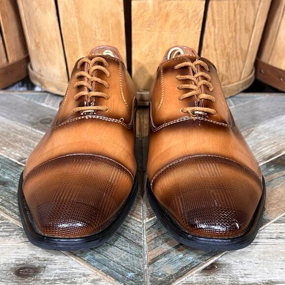 David Stone Burnished Tan Brown Faux Leather Cap Toe Oxfords Mens Size 8 - Picture 4 of 11